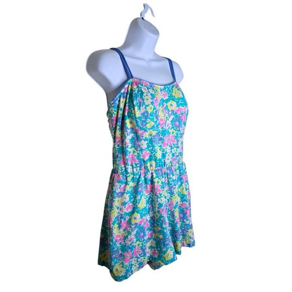 Vintage 80s Bright Floral Skirted Swimsuit Swim Womens 16 Blue Pockets - Picture 2 of 5